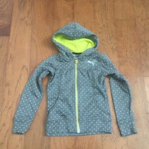 Girl's Puma Yellow, Grey Polka Dot Zip Up Hooded Jacket Size 5 Fall Outdoors